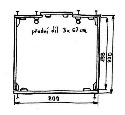 Podsada pro stan 2 x 2 m s naznačenými místy, kde jsou díly podsady spojené hřebíky.